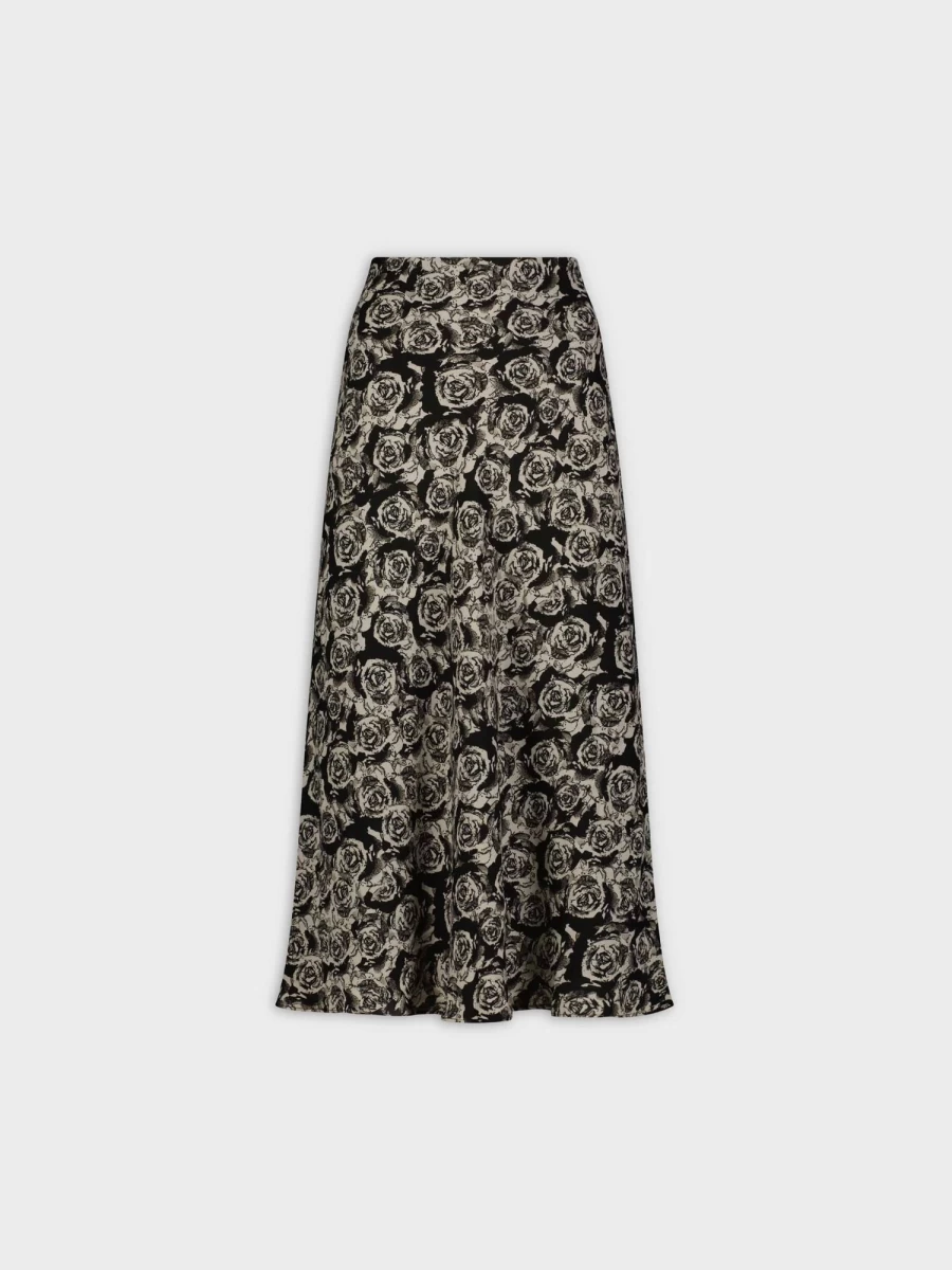 HAILEY Women's Satin Slip Skirt - Black & White Floral Print Midi Skirt