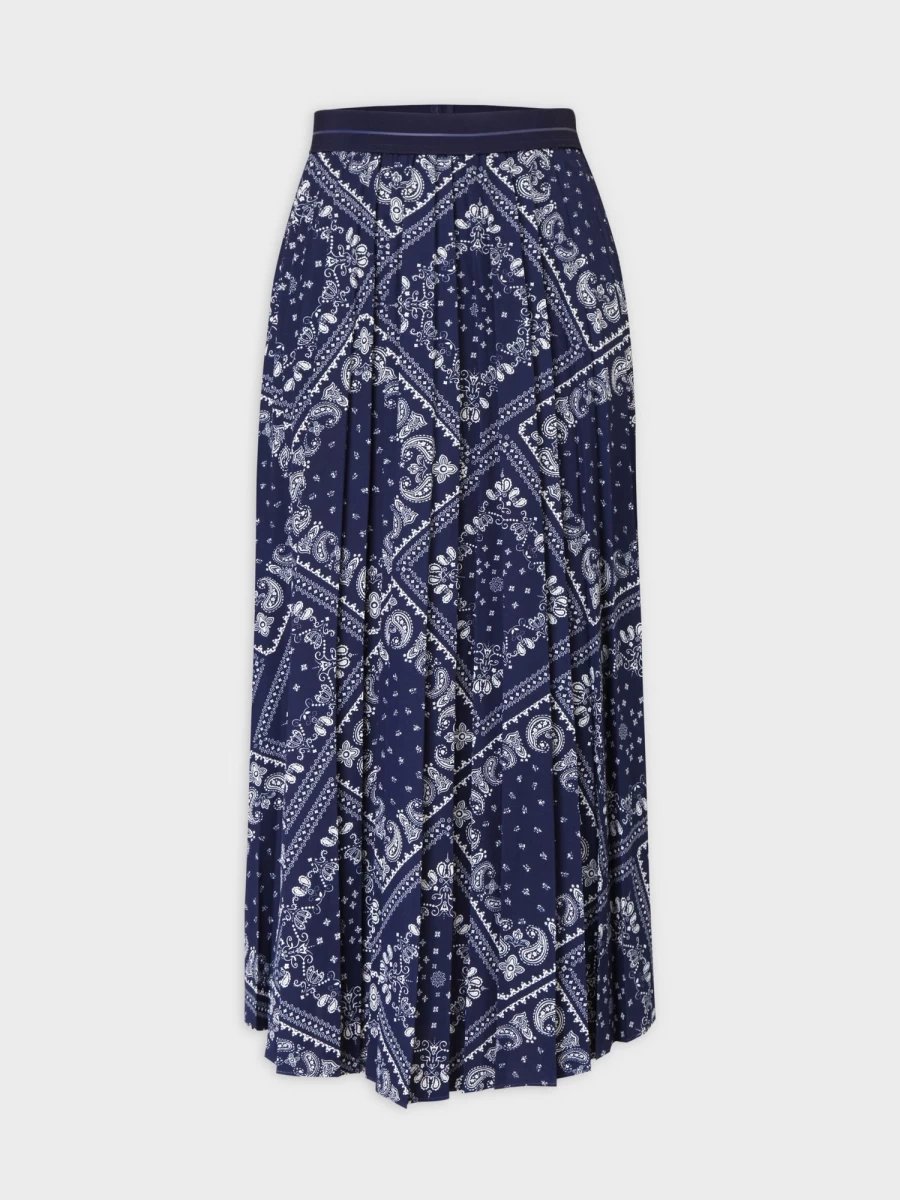 Pose Women's Cream & Navy Paisley Printed Pleated Skirt - 37" Flowy Midi Length