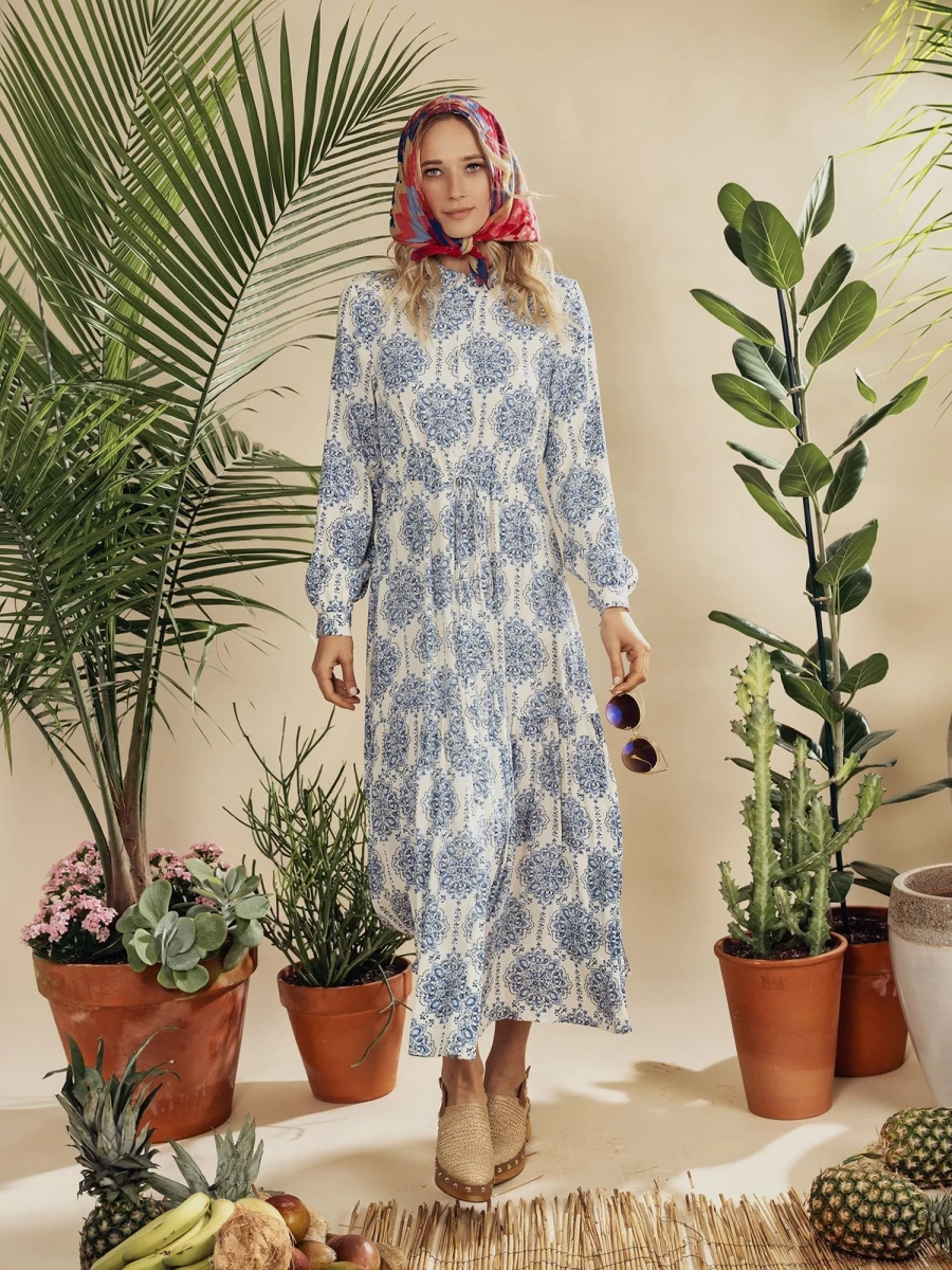 MEENA Women's Blue Medallion Print Drawstring Maxi Dress - Flowy Boho Summer Beach Dress