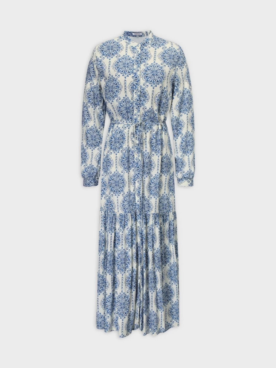 MEENA Women's Blue Medallion Print Drawstring Maxi Dress - Flowy Boho Summer Beach Dress