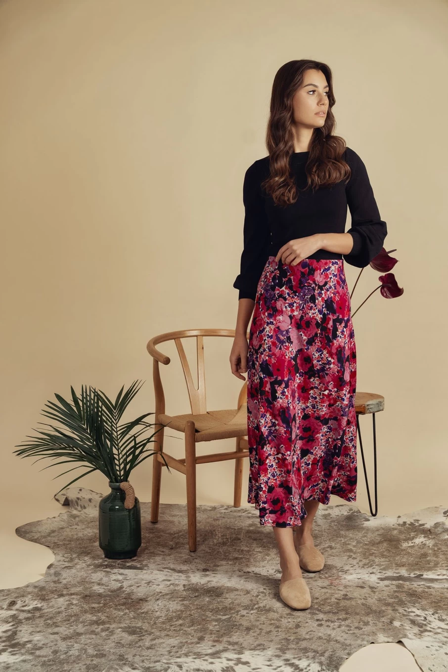 HAILEY Women's Floral Satin Slip Skirt - Pink & Purple Midi Skirt for Women