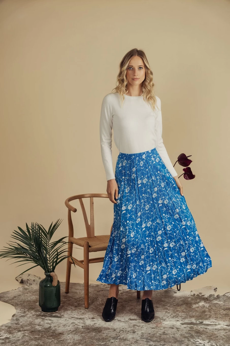 Pose Women's Sky Blue Floral Pleated Midi Skirt with Banded Hem - 37" Length