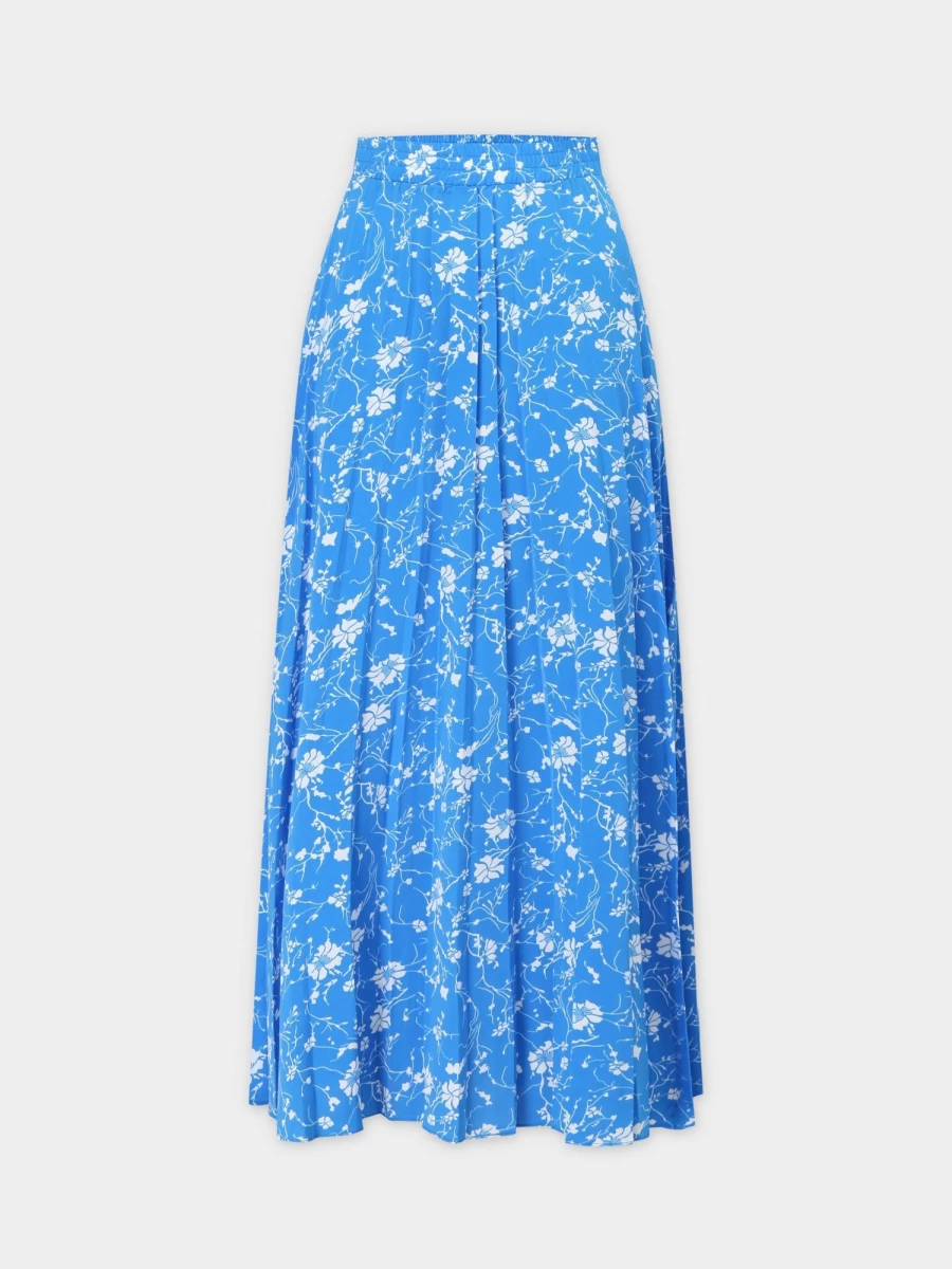 Pose Women's Sky Blue Floral Pleated Midi Skirt with Banded Hem - 37" Length