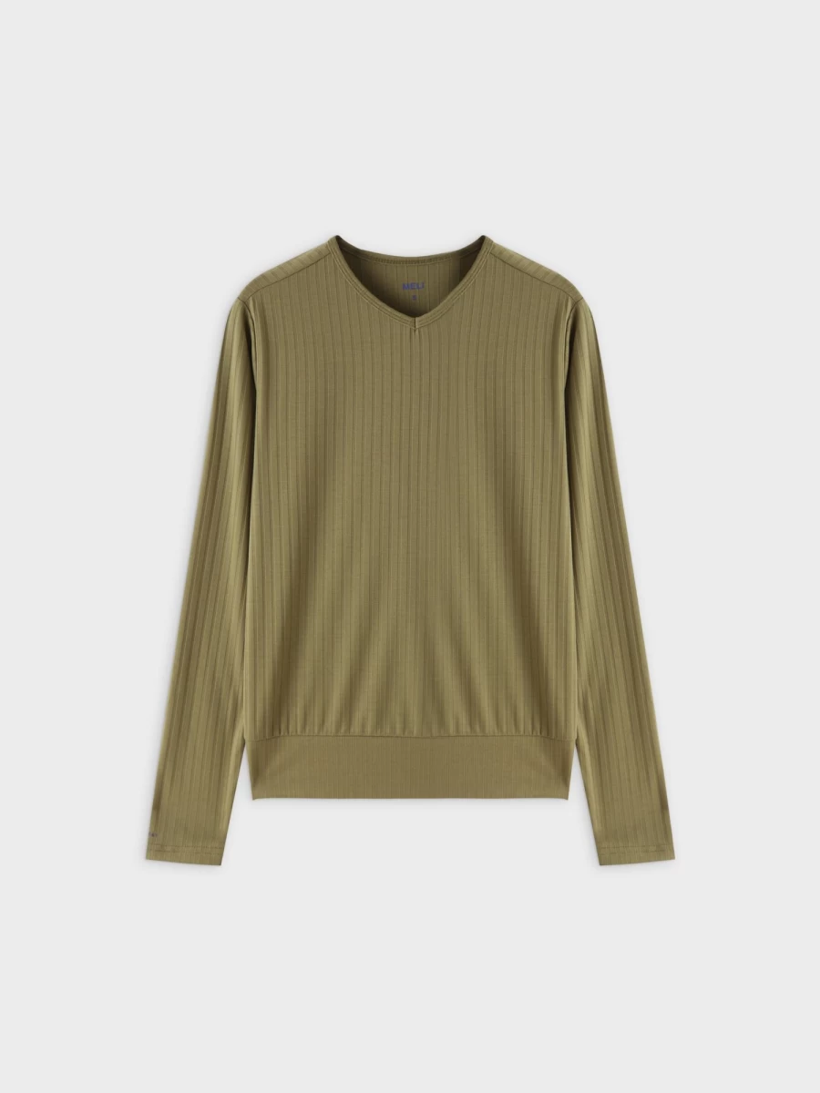MELI Women's Olive Ribbed High V-Neck Bomber Jacket