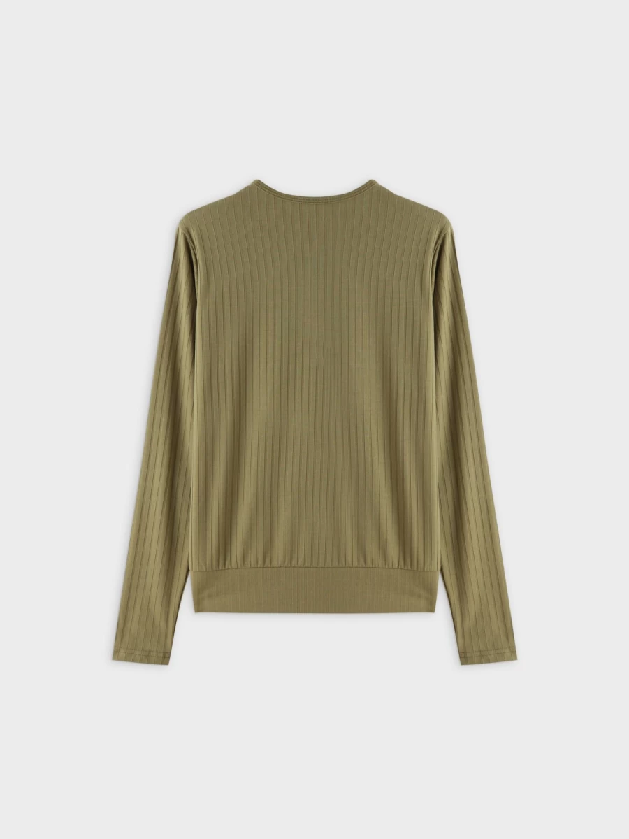 MELI Women's Olive Ribbed High V-Neck Bomber Jacket