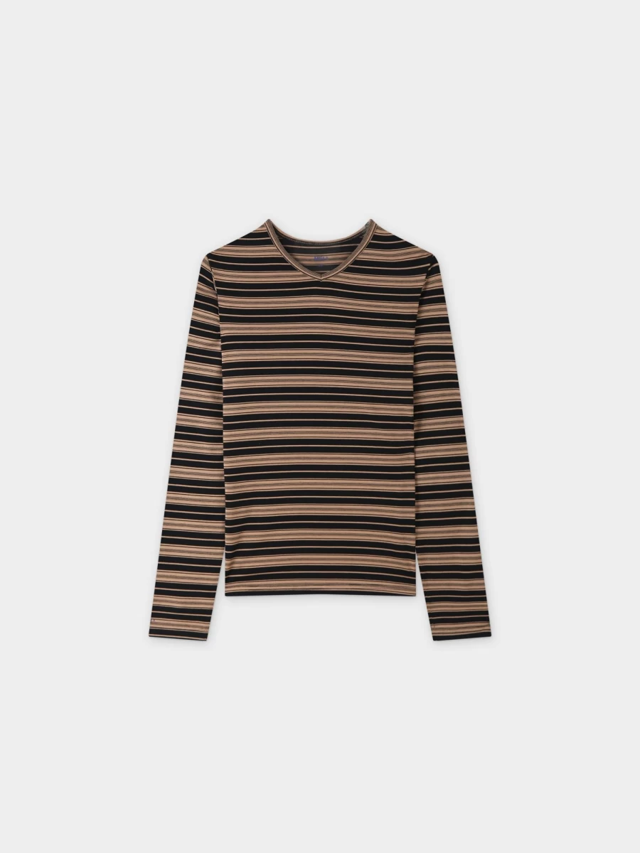 MELI Women's Double Stripe High V-Neck Brown & Black Striped Top