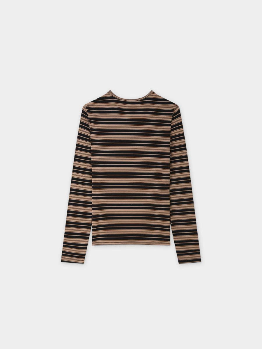 MELI Women's Double Stripe High V-Neck Brown & Black Striped Top