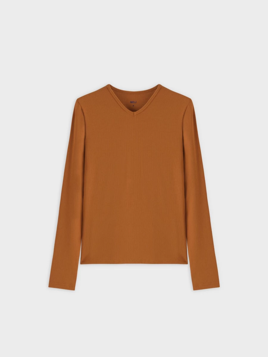 MELI Women's High V Ribbed Long Sleeve Tee in Cognac - Stylish & Comfortable