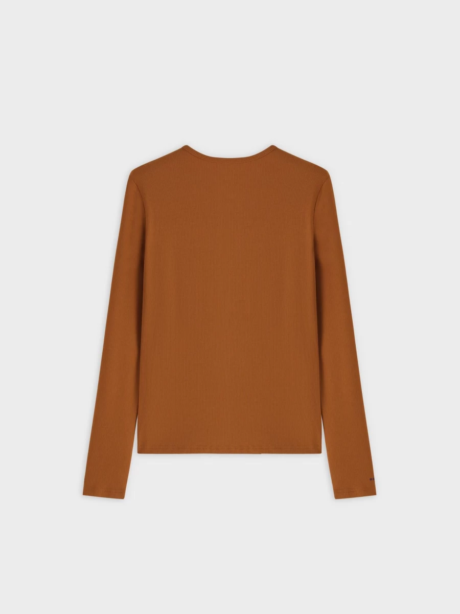 MELI Women's High V Ribbed Long Sleeve Tee in Cognac - Stylish & Comfortable