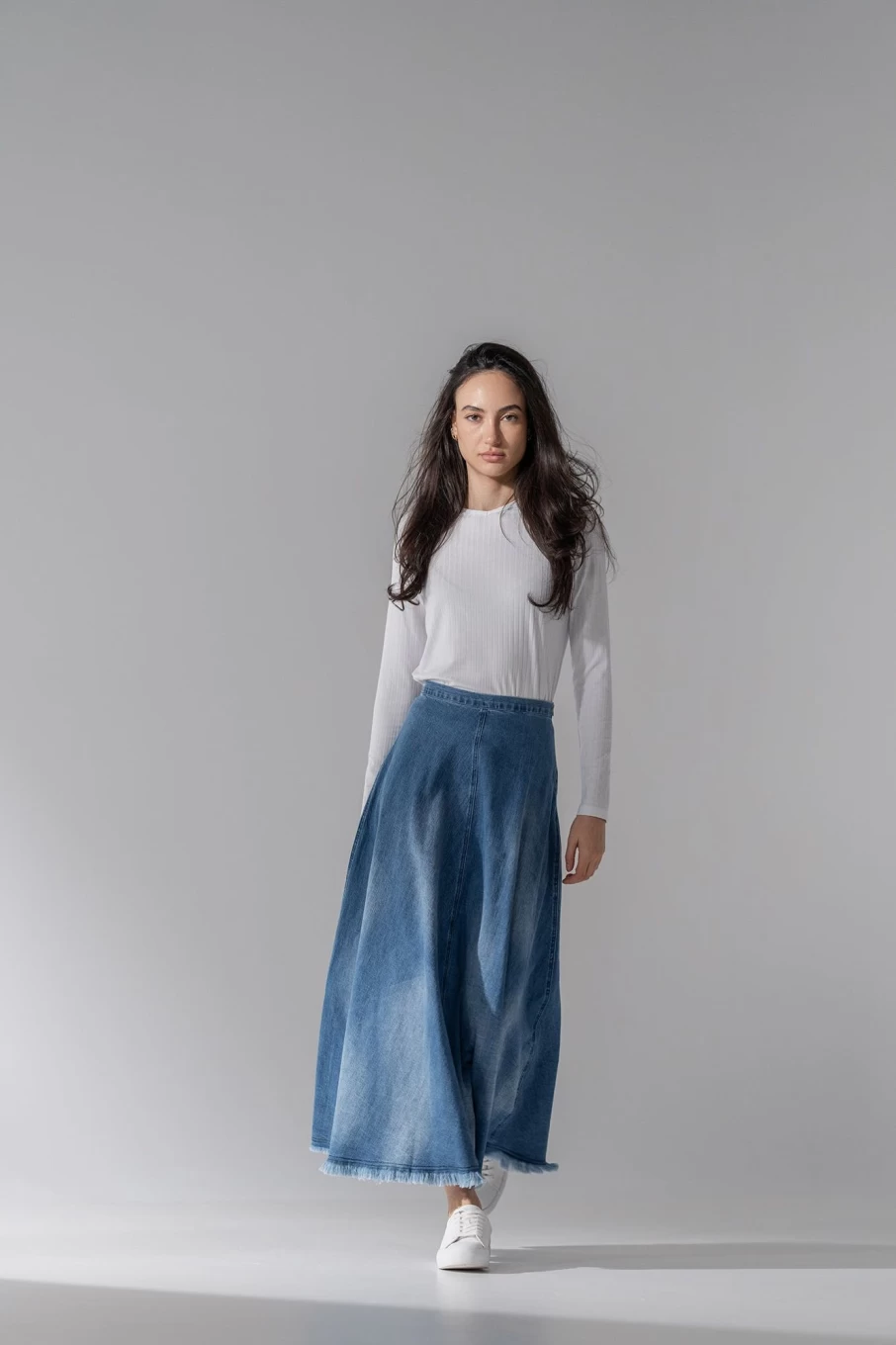 MELI Women's Washed Denim Skirt with Fringe Detail in Classic Blue
