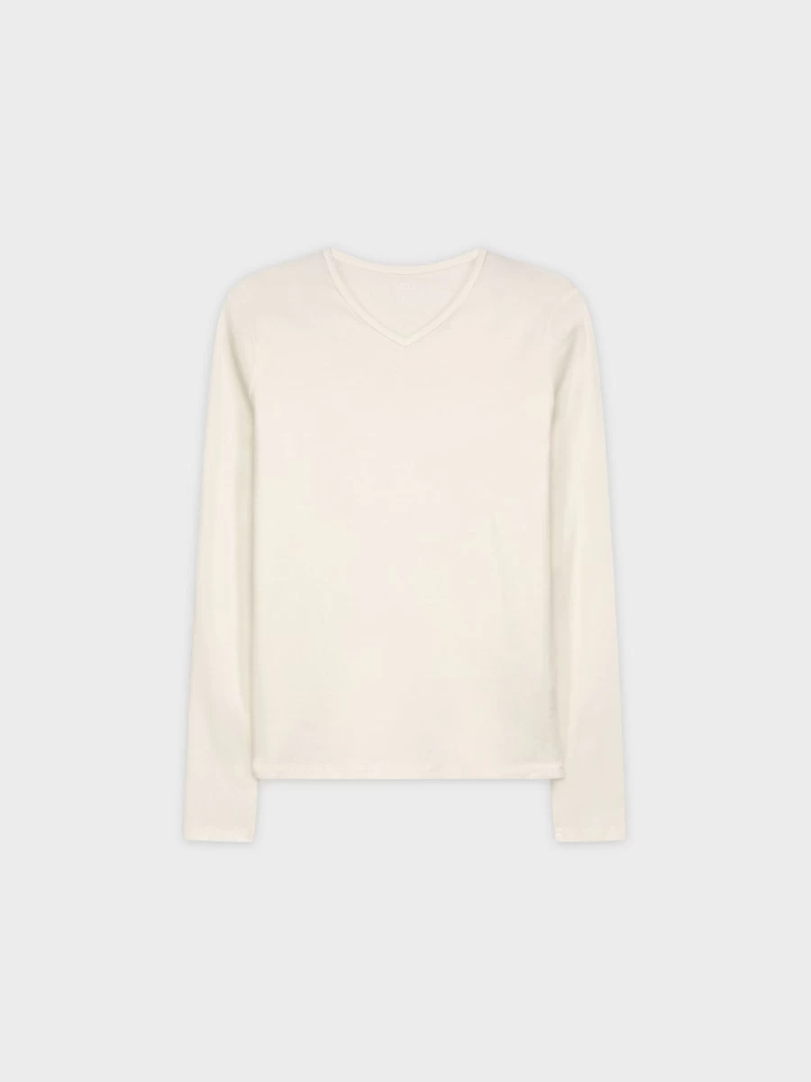 MELI Women's Basic Long Sleeve V-Neck T-Shirt in Cream
