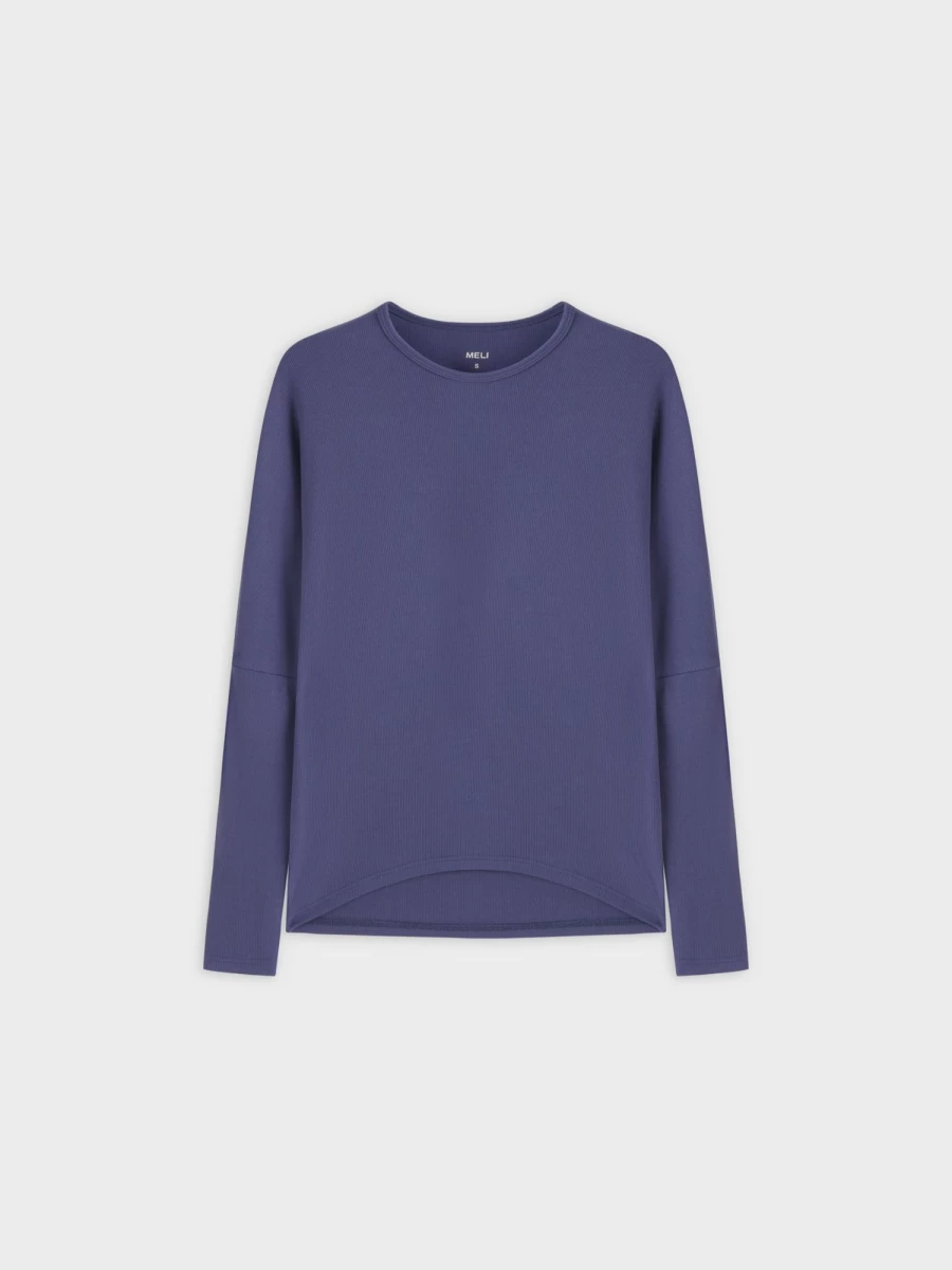 MELI Women's Indigo Blue Ribbed Dolman Sleeve Crew Neck T-Shirt