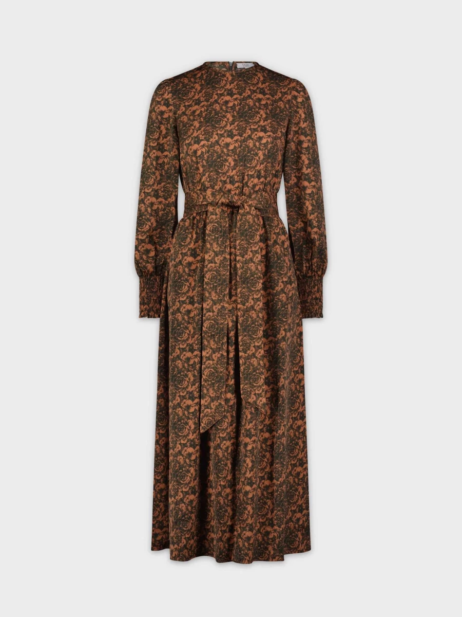 TARI Women's Floral Smocked Dress with Belted Waist and Cuffed Sleeves in Mauve & Green