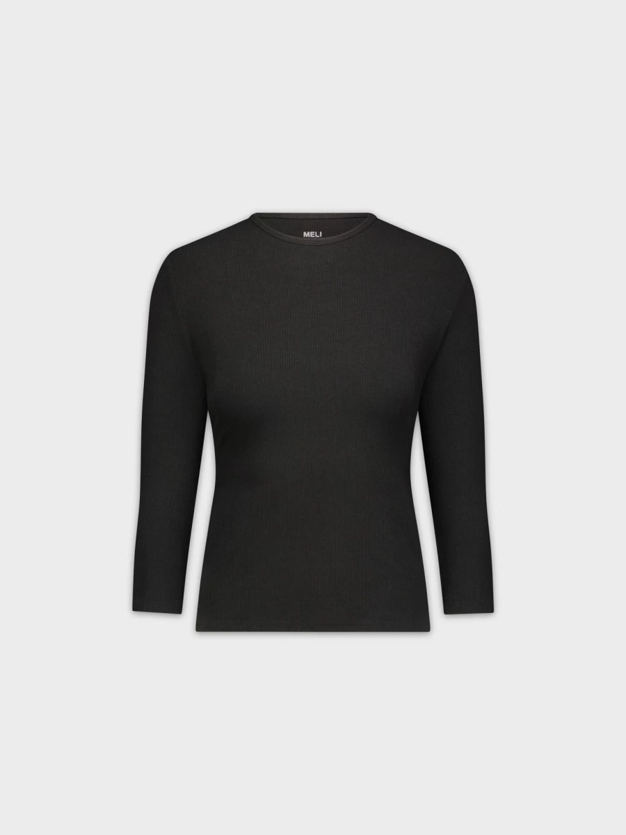 MELI Women's Classic Ribbed Crew Neck T-Shirt - 3Q Black