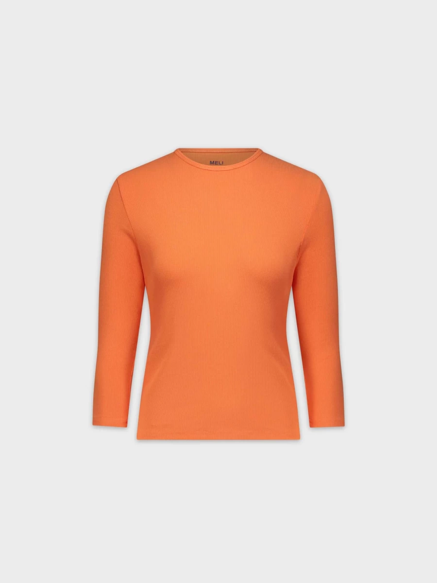 MELI Women's Classic Ribbed Crew Neck T-Shirt in 3Q-Orange | Soft Stretch Cotton Tee