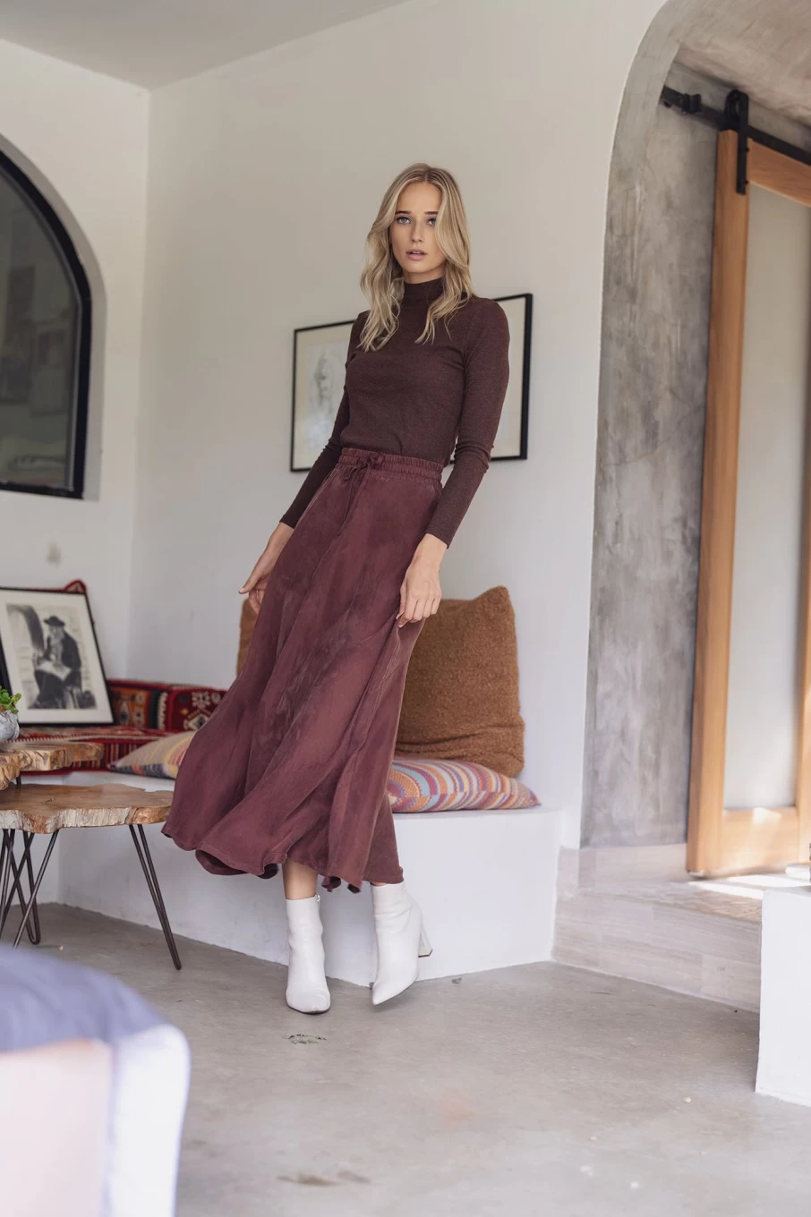 "HAILEY Women's Cupro Drawstring Skirt in Burgundy - Stylish & Comfortable"