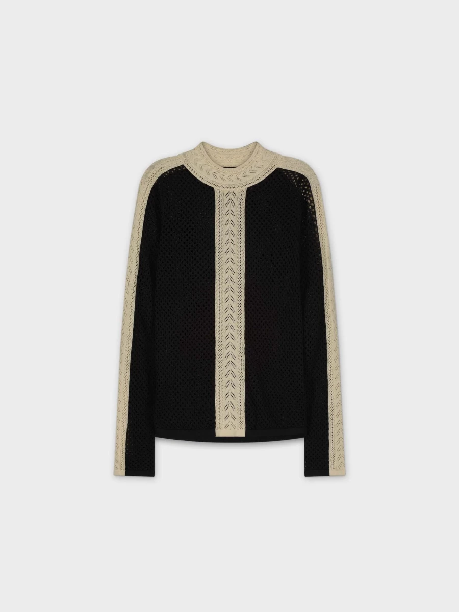 SOLEI Women's Mesh Trim Knit Sweater - Black & Cream Color Block Pullover