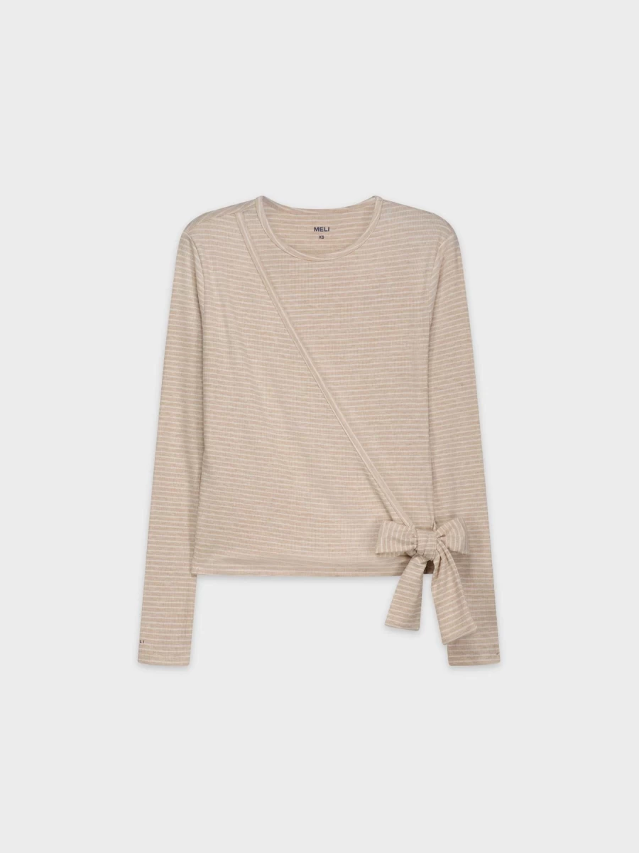 MELI Women's Striped Wrap Tee - Heathered Tan & White Long Sleeve Casual Top