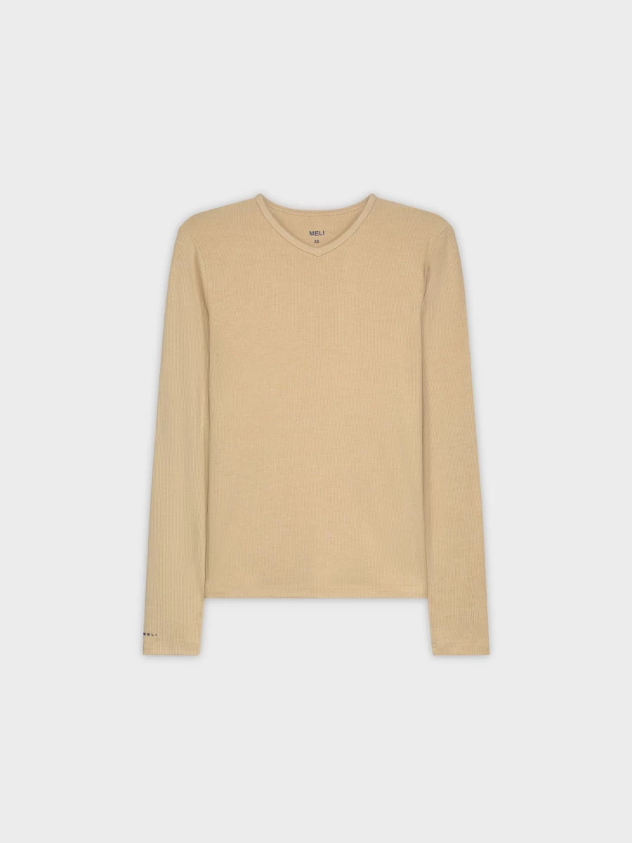 MELI Women's Ribbed High V Neck Long Sleeve Top in Light Tan