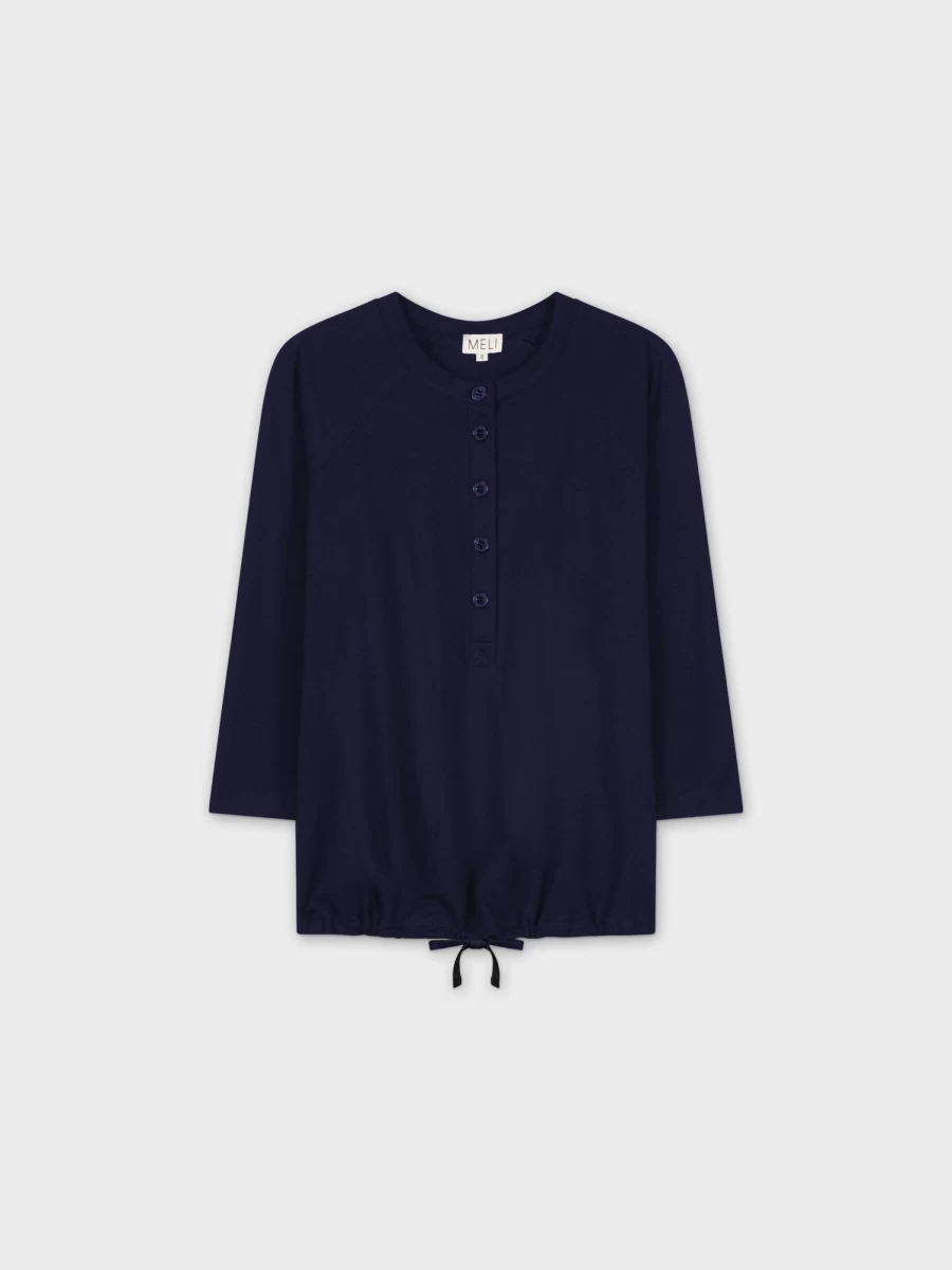 MELI Women's Henley Neck Drawstring T-Shirt in Navy - Casual Short Sleeve Top